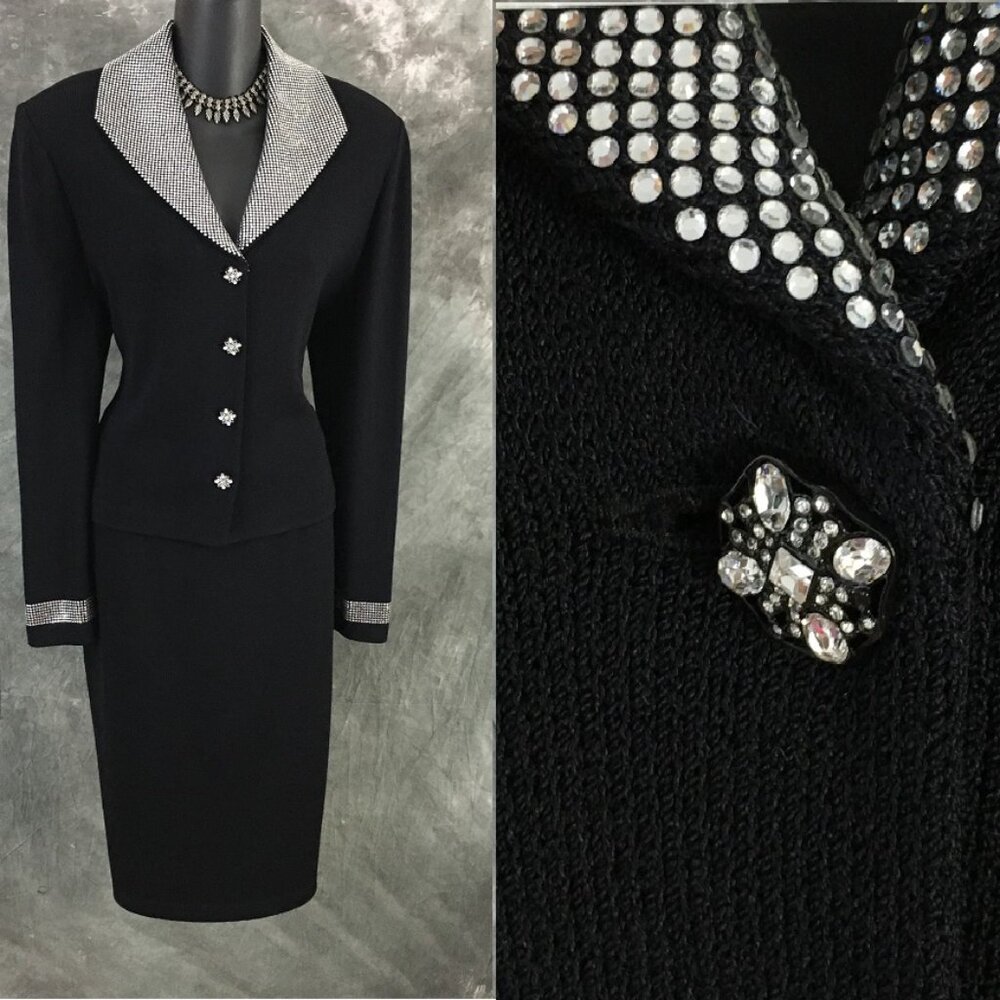 BEAUTIFUL st john evening knit black rhinestones embellished skirt suit 12